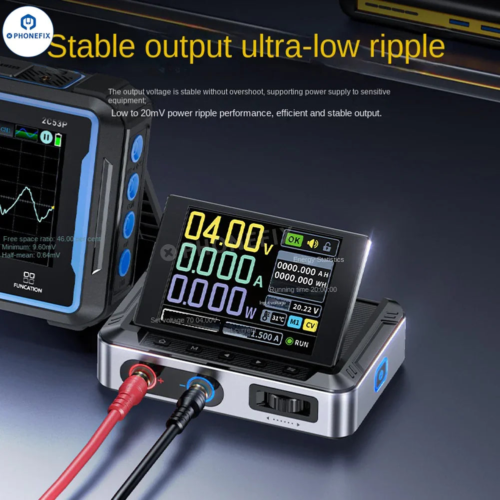 FNIRSI DPS-150 programmable mini DC power supply showing voltage and current controls on the front panel.