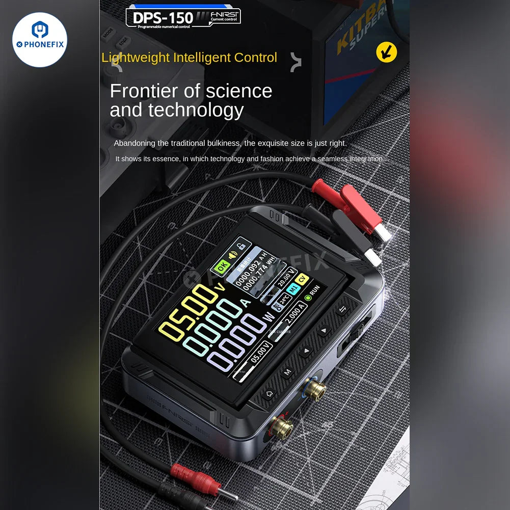 FNIRSI DPS-150 programmable mini DC power supply displaying voltage and current settings with a digital interface.