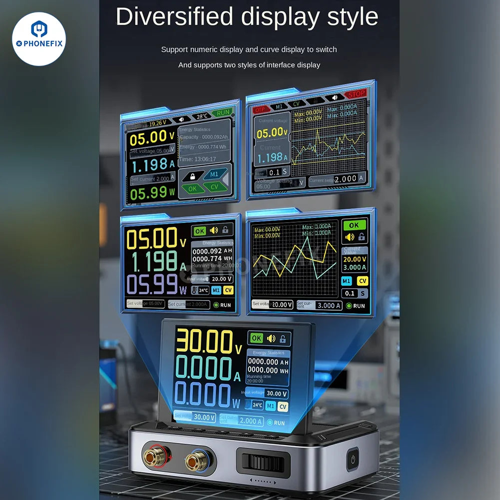 FNIRSI DPS-150 programmable mini DC power supply displaying 30V and 5A output with digital controls.