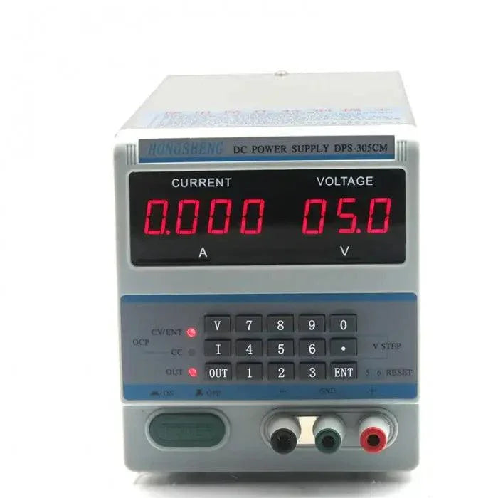Adjustable DPS-305 DC power supply with LED display showing 0-30V and 0-5A output, manufactured by PHONEFIX.