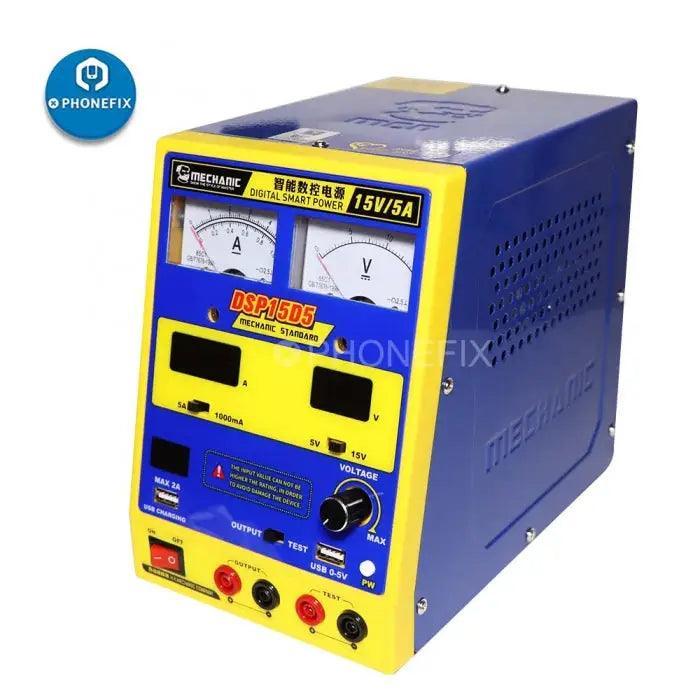 PhoneFix DSP15D5 digital DC power supply showing voltage and current controls with 15V 5A output display.