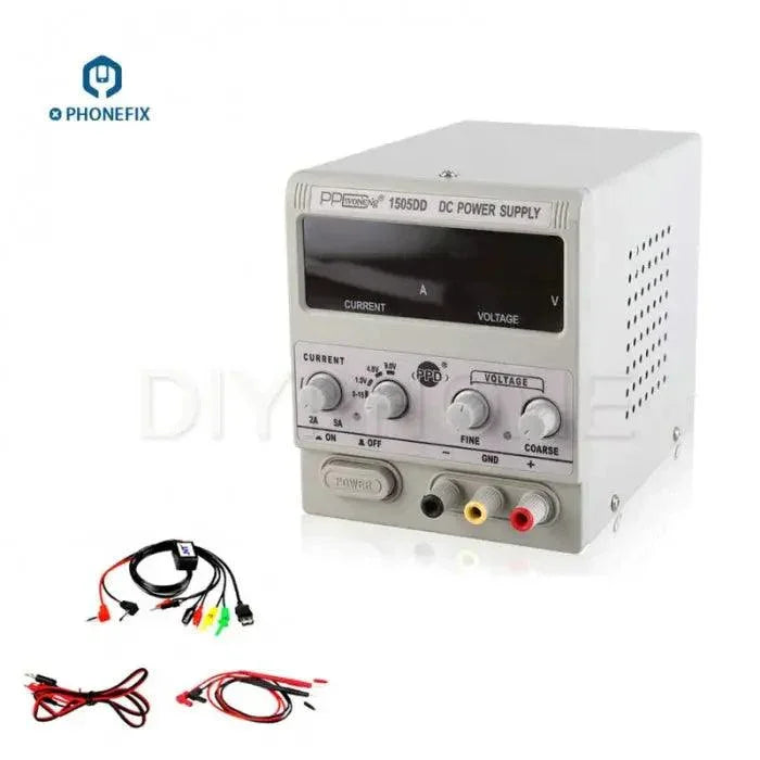 Phonefix DSP15D5 digital DC power supply showing voltage and current controls, with display panel and connection ports.