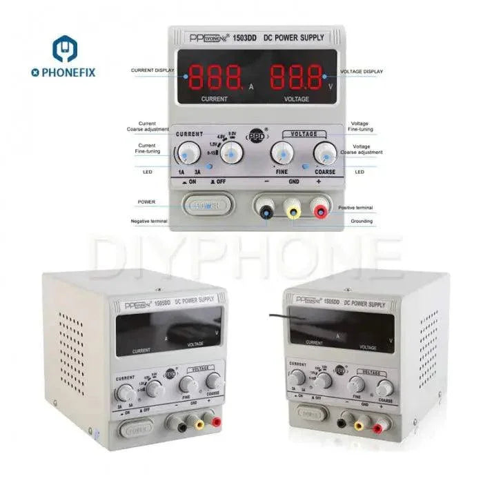 PhoneFix DSP15D5 digital DC power supply showing voltage and current controls for 15V 5A output on a compact device