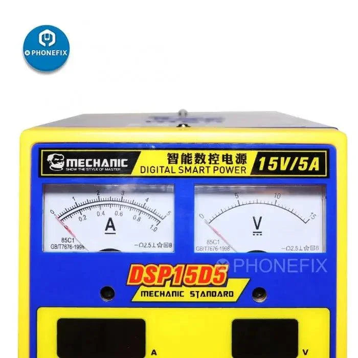 PHONEFIX Mechanic DSP15D5 Digital DC Power Supply 15V 5A with display and control knobs, compact and sturdy design.
