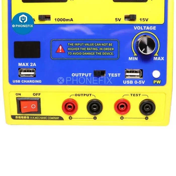 Phonefix DSP15D5 digital DC power supply showing front panel with digital display, control knobs, and input power cord.