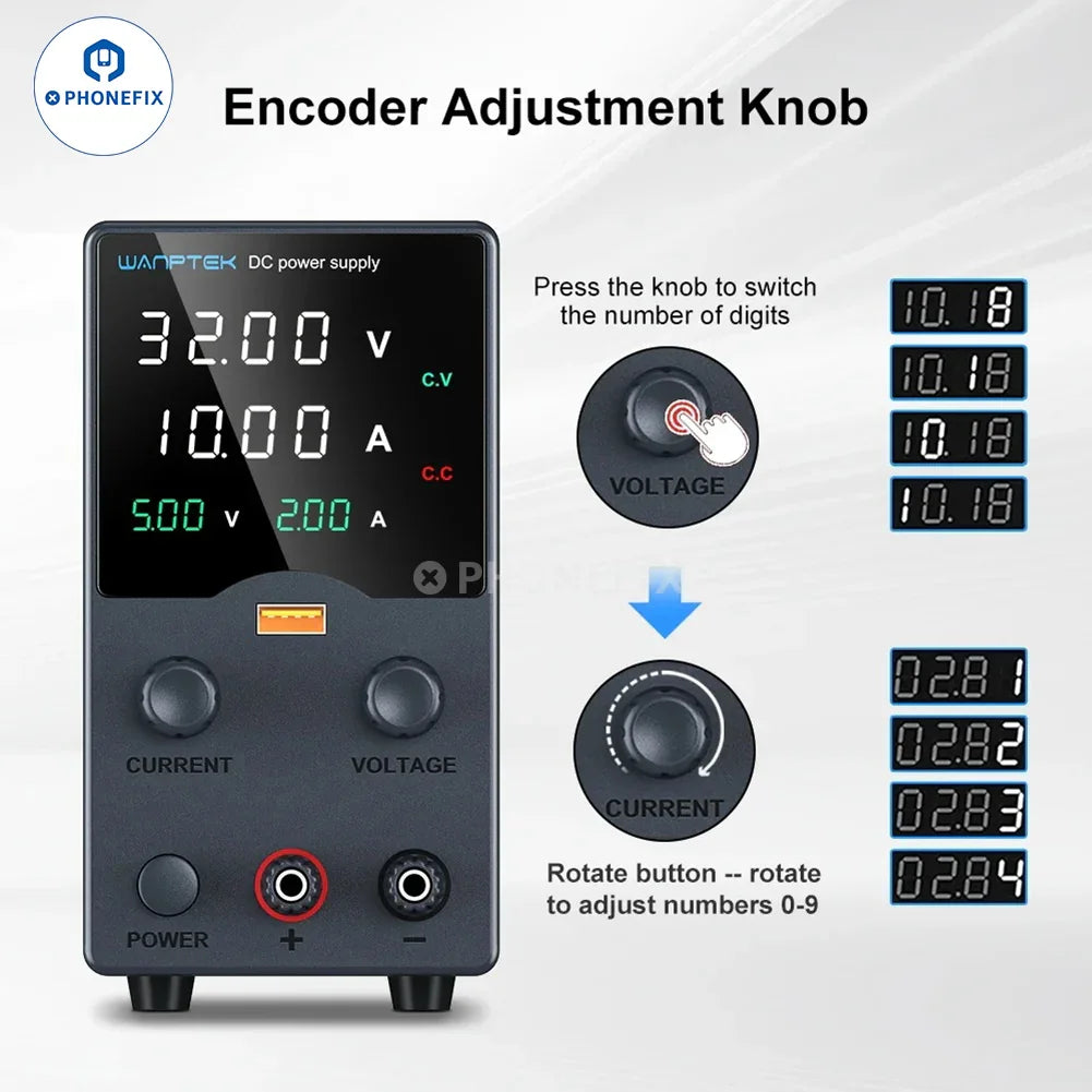 PHONEFIX Wanptek GC Series adjustable DC power supply with digital voltage display and control knobs.
