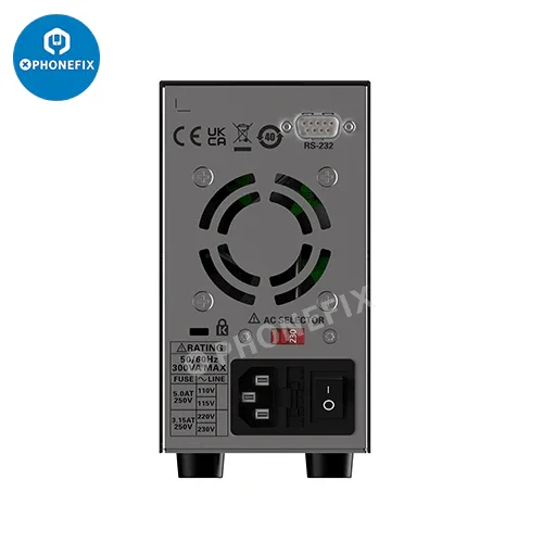 Alimentation CC numérique réglable de PHONEFIX pour la réparation de téléphones, avec boutons de commande et écran d'affichage sur un appareil compact.