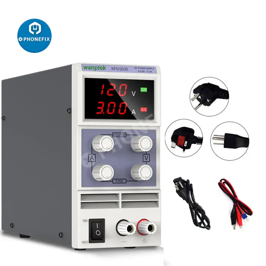 PHONEFIX adjustable dual digital display laboratory DC power supply regulator showing voltage and current readings on the front panel.