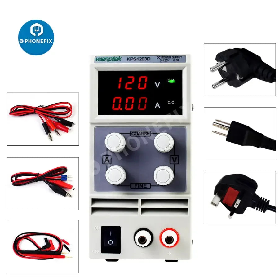 Adjustable PHONEFIX dual digital display laboratory DC power supply with voltage and current controls and colorful LED indicators.