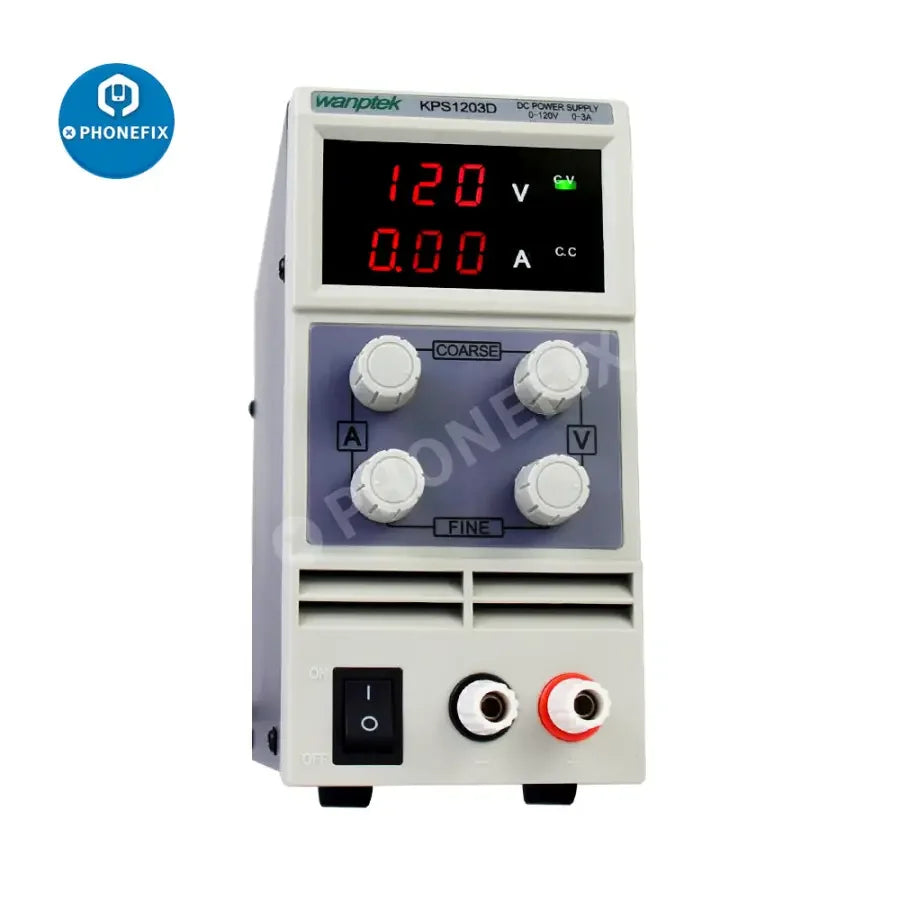 PHONEFIX adjustable dual digital display laboratory DC power supply regulator with voltage and current controls, 110-220V.