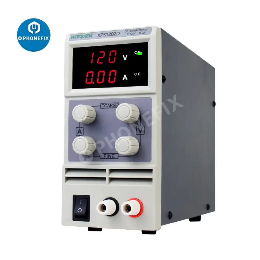 Adjustable dual digital display laboratory DC power supply regulator by PHONEFIX showing voltage and current readings.
