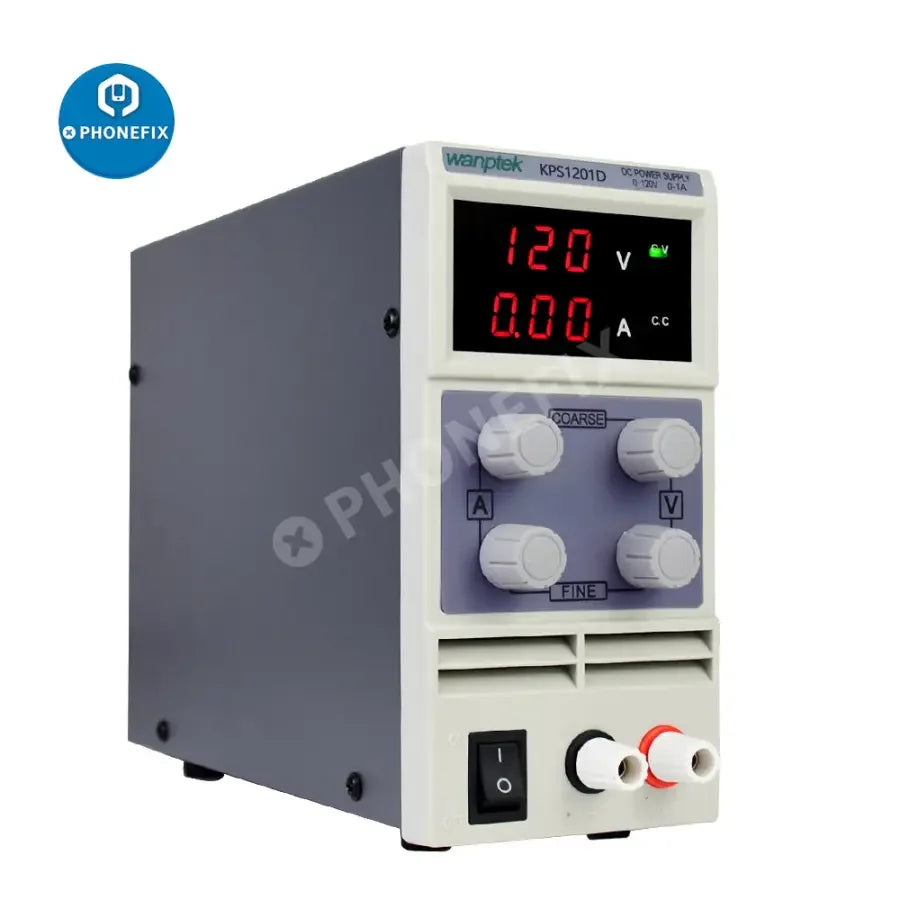 PHONEFIX adjustable dual digital display laboratory DC power supply regulator with voltage and current controls.