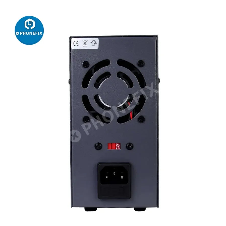 Adjustable PHONEFIX dual digital display laboratory DC power supply with voltage and current controls and digital readouts.
