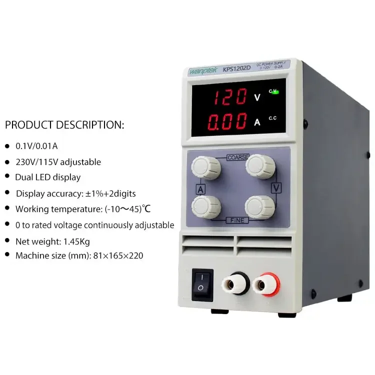 PhoneFIX adjustable dual digital display laboratory DC power supply with voltage and current controls.