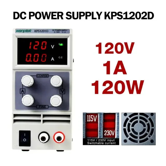 Adjustable PHONEFIX DC Power Supply with dual digital displays, laboratory-grade regulator for precise voltage and current control.