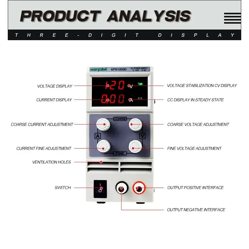 Adjustable dual digital display laboratory DC power supply by PHONEFIX showing voltage and current readings on digital screens.
