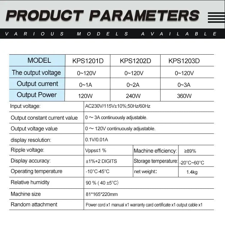 PHONEFIX adjustable dual digital display laboratory DC power supply, model KPS1203D, with voltage and current controls.