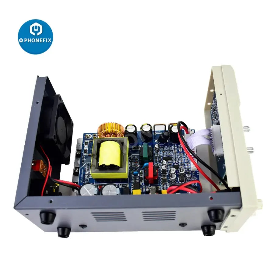 PHONEFIX adjustable dual digital display laboratory DC power supply with voltage and current controls and digital readouts.