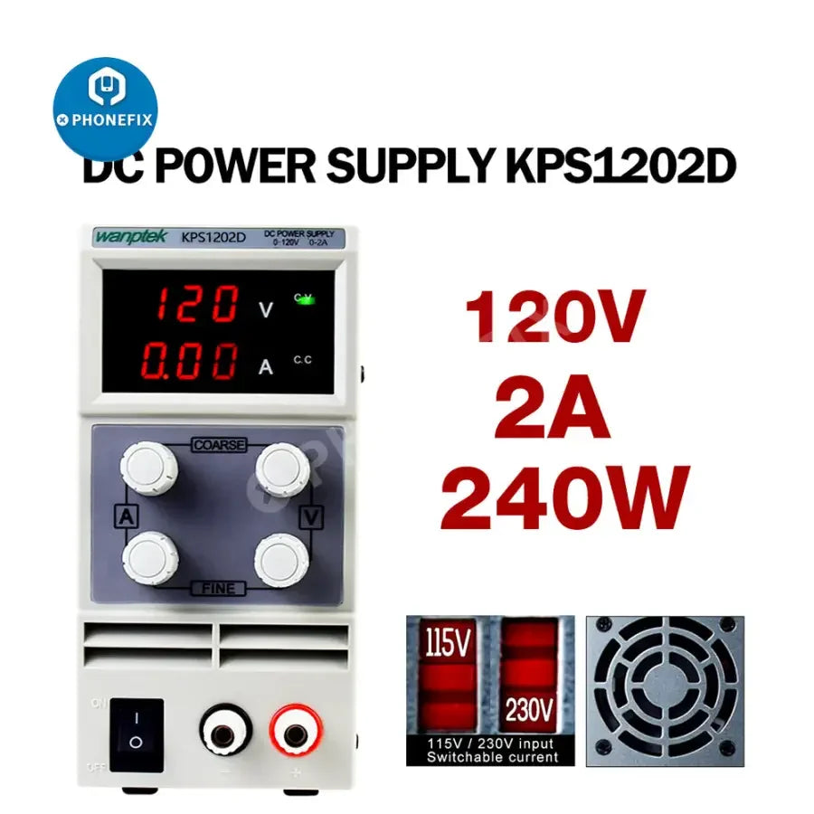Adjustable dual digital display laboratory DC power supply by PHONEFIX showing voltage and current settings on the front panel.