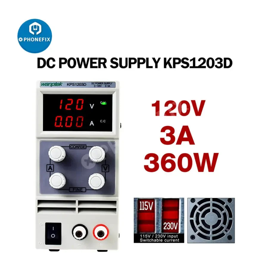 Adjustable dual digital display laboratory DC power supply by PHONEFIX showing voltage and current readings on the regulator.