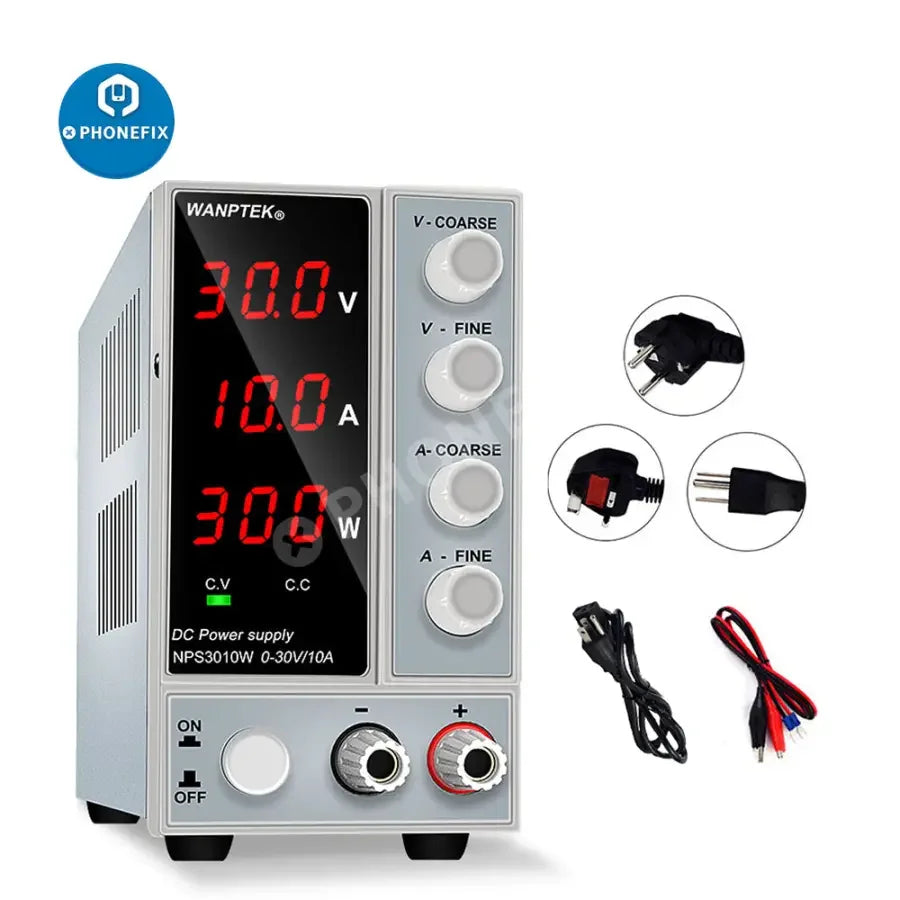 PhoneFIX adjustable dual digital display laboratory DC power supply regulator with voltage and current controls.