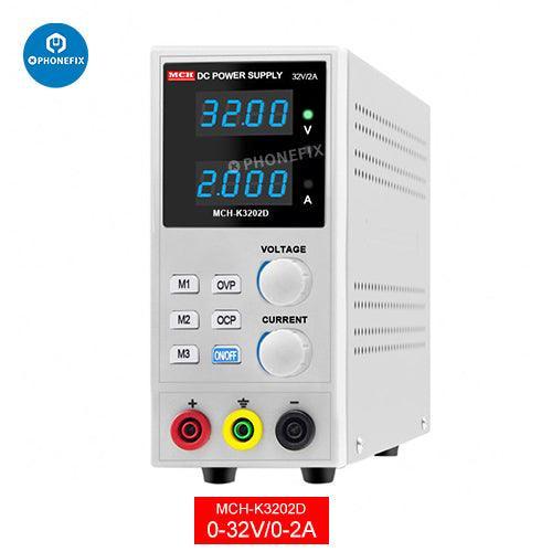 Adjustable DC power supply from PHONEFIX with digital display, used as a phone test tool for electronic device repair.