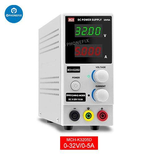 MCH-K3202/3/5/6D adjustable DC power supply phone test tool by PHONEFIX, shown with cables and display for testing mobile devices.