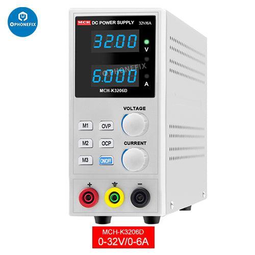 Adjustable PHONEFIX MCH-K3202/3/5/6D DC power supply used for phone testing and repair, featuring multiple voltage and current settings.