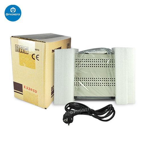 Adjustable DC power supply from PHONEFIX with digital display, used for testing phones and electronic devices.