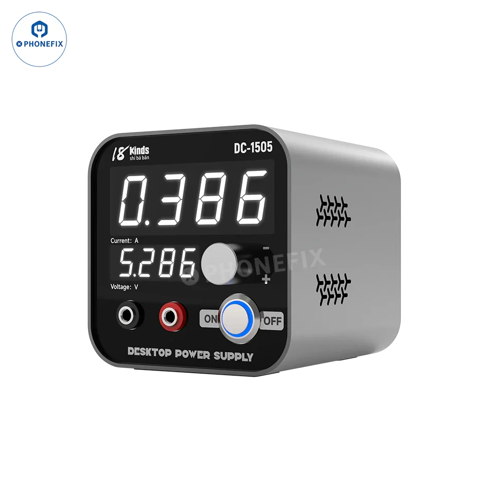 Phonefix Mechanic DC-1505 desktop DC power supply with 4-digit digital display and voltage control.