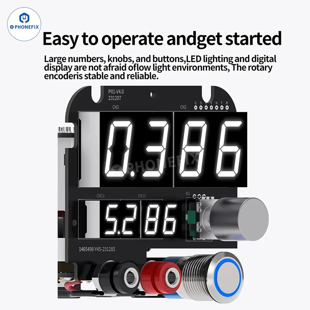 PhoneFix Mechanic DC-1505 desktop DC power supply with 4-digit digital display and 110V US plug.