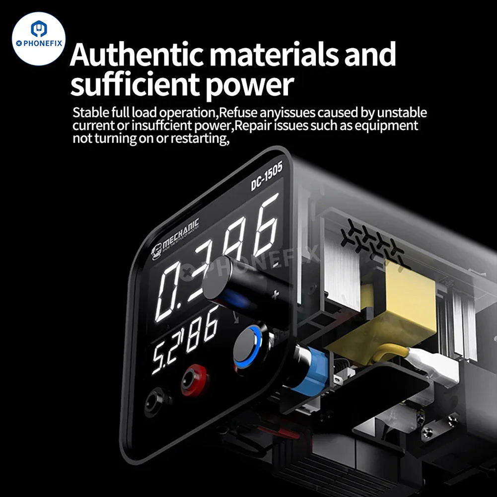 Phonefix Mechanic DC-1505 desktop DC power supply with 4-digit digital display and adjustable voltage and current.