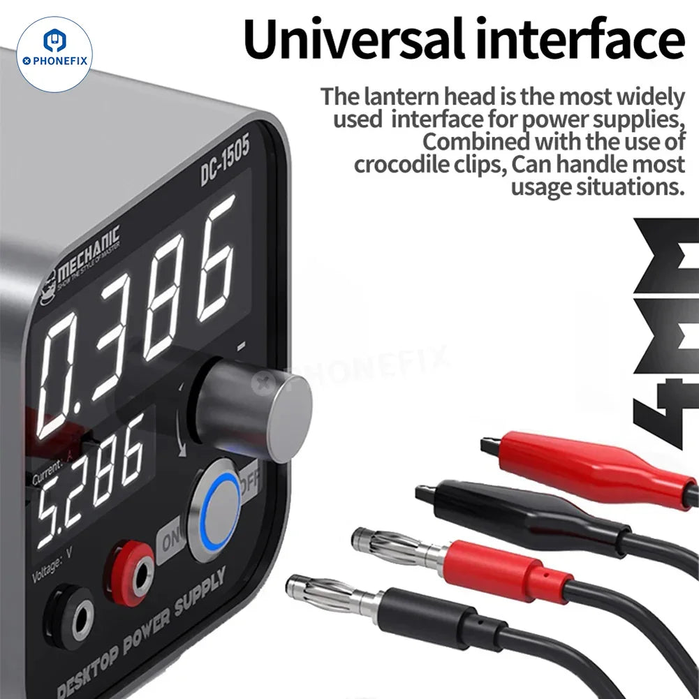 PhoneFix Mechanic DC-1505 Desktop DC Power Supply with 4-digit digital display and adjustable voltage control.