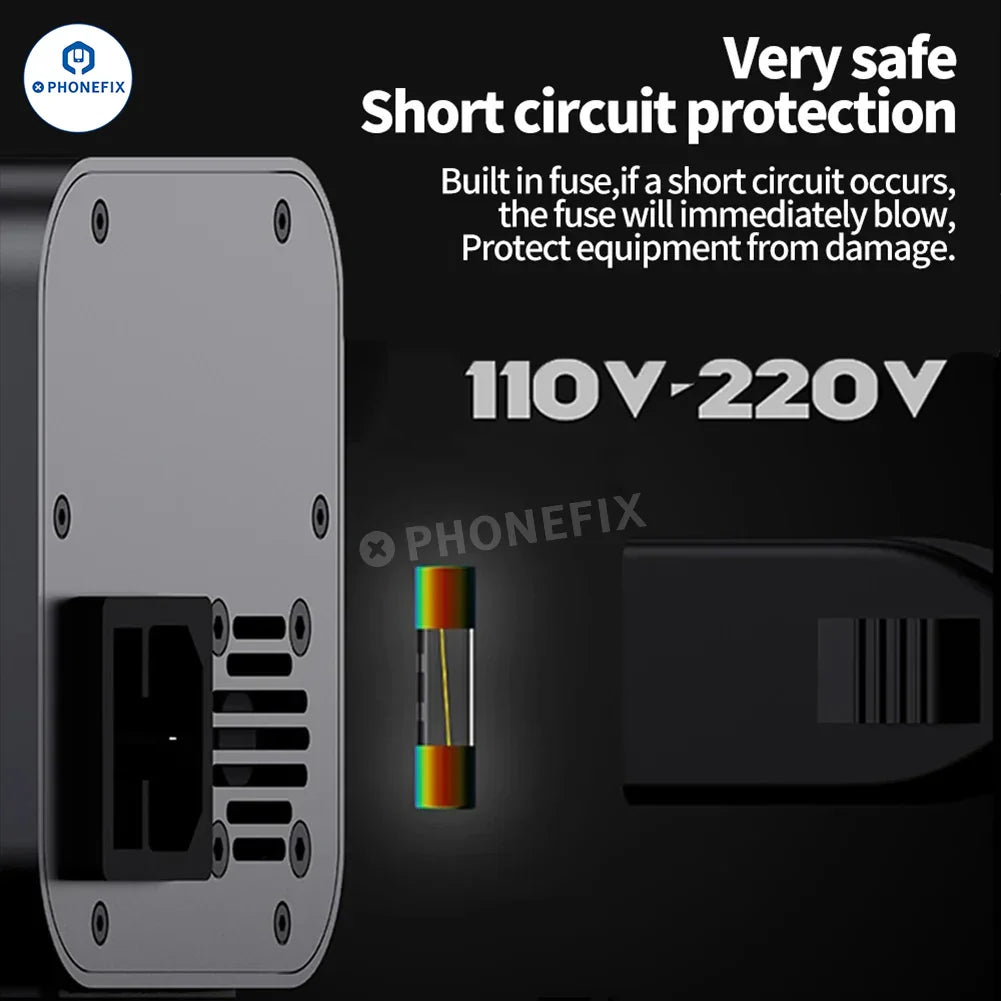 Phonefix Mechanic DC-1505 desktop power supply with 4-digit digital display and 110V US plug for electronic repair work.