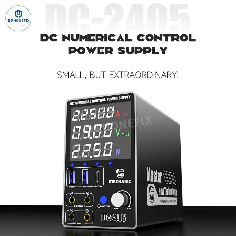 Digital dual channel DC power supply from PHONEFIX, MECHANIC DC-2405, shows front panel with digital display and connection ports.