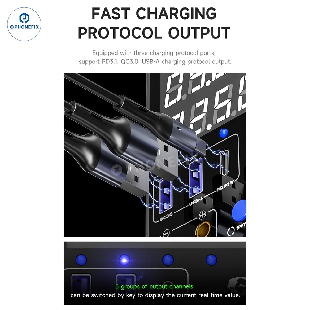 Digital dual channel DC power supply by PHONEFIX showing 24V and 5A output with control knobs and digital display.