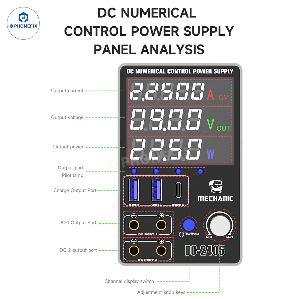 Digital dual channel DC power supply by PHONEFIX showing 24V, 5A output with controls and digital display.
