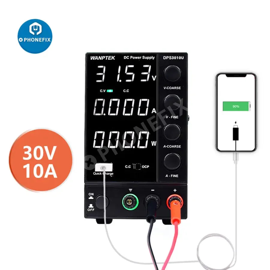 PhoneFix regulated switching DC power supply with variable voltage control, featuring digital display and connection terminals.