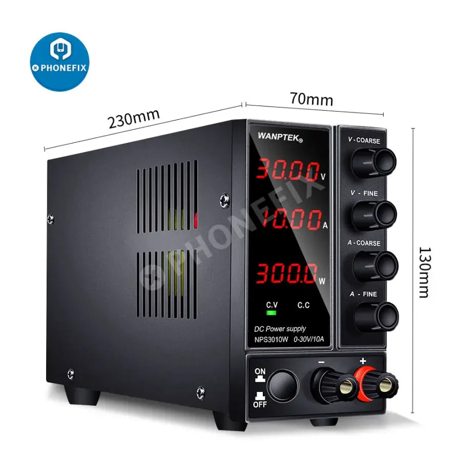 PHONEFIX regulated switching DC power supply with variable voltage output, compact design for electronic testing and circuit powering.