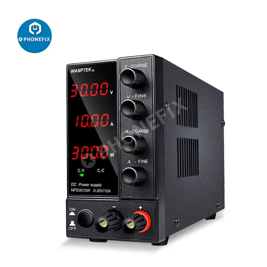 PhoneFix regulated switching DC power supply NPS1203W0 with adjustable voltage and current for electronic testing and development.