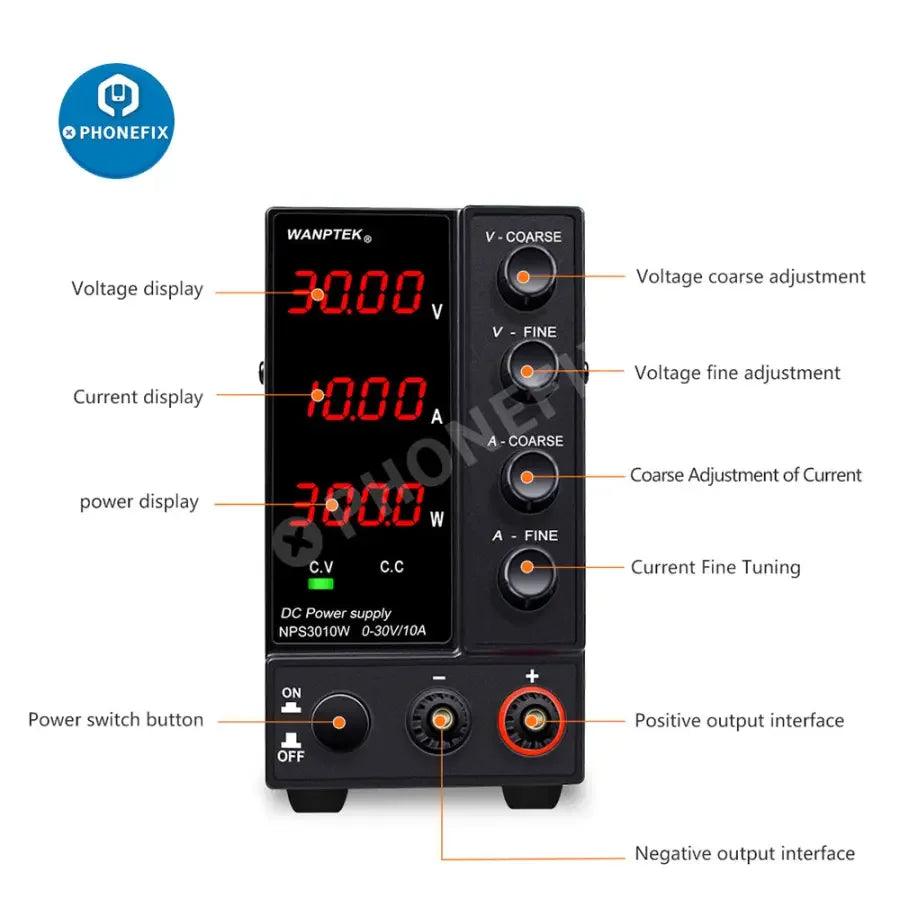 PhoneFIX regulated switching DC power supply with variable voltage output, featuring digital display and multiple connection ports.