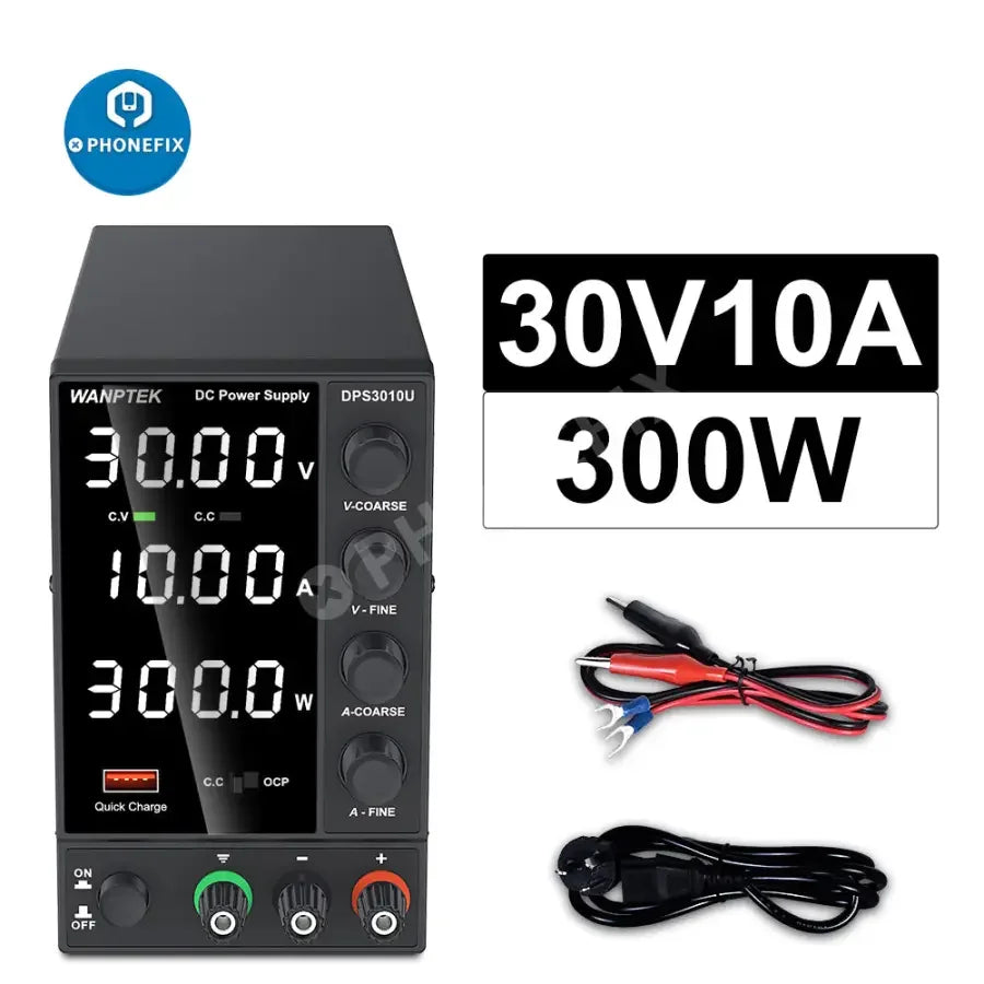 PHONEFIX regulated switching DC power supply with variable voltage control, featuring digital display and multiple connection ports.