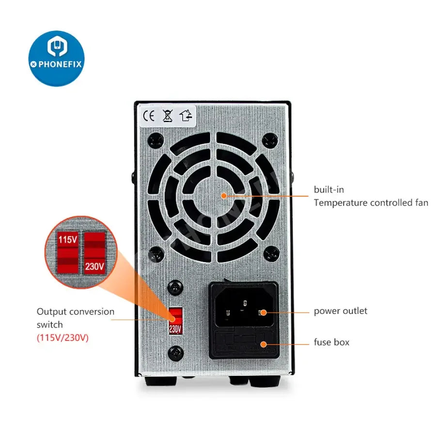 PHONEFIX regulated switching DC power supply with adjustable voltage and current, featuring digital display and input/output terminals.