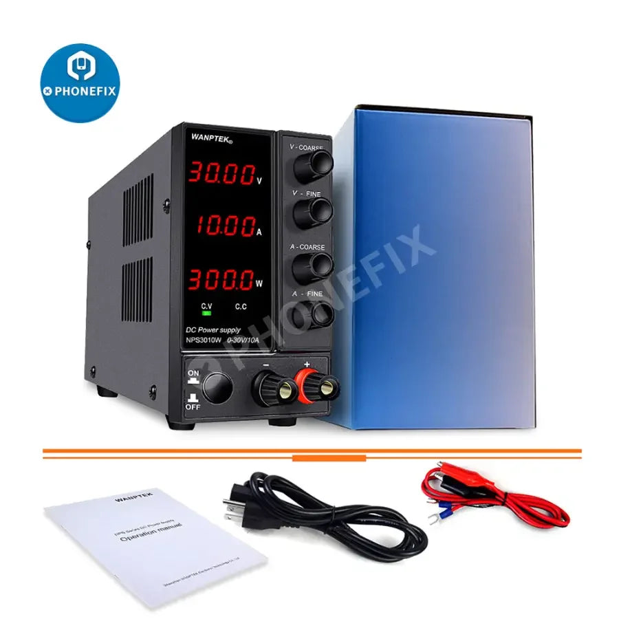 PhoneFix regulated switching DC power supply with adjustable voltage and current for precise power testing and electronics projects.