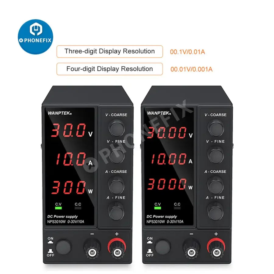 PHONEFIX regulated switching DC power supply with adjustable voltage source, featuring digital display and connection terminals.