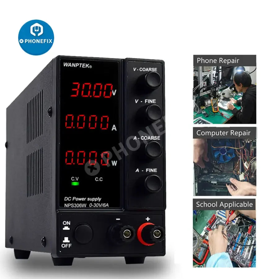 PHONEFIX regulated switching DC power supply with variable voltage control, featuring digital display and connection terminals.