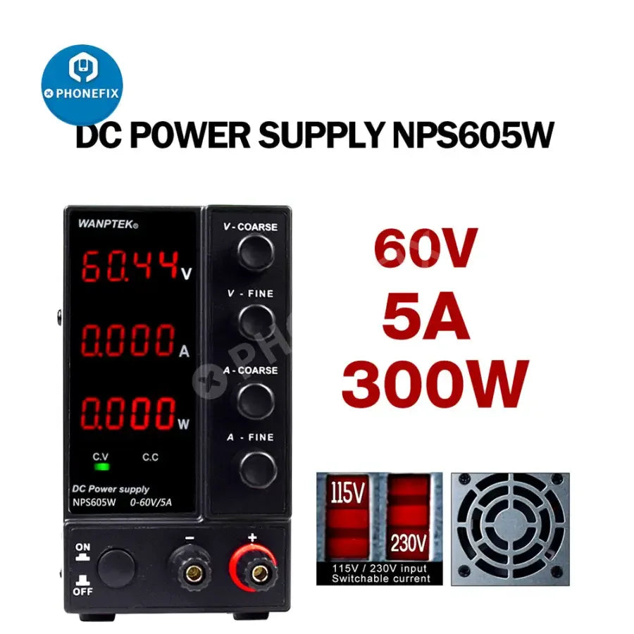 PhoneFix regulated switching DC power supply NPS1203W0 with adjustable voltage and current for versatile power source applications.