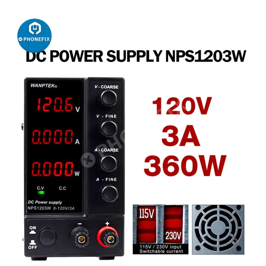 PHONEFIX regulated switching DC power supply with adjustable voltage and current for reliable electronic testing and development.