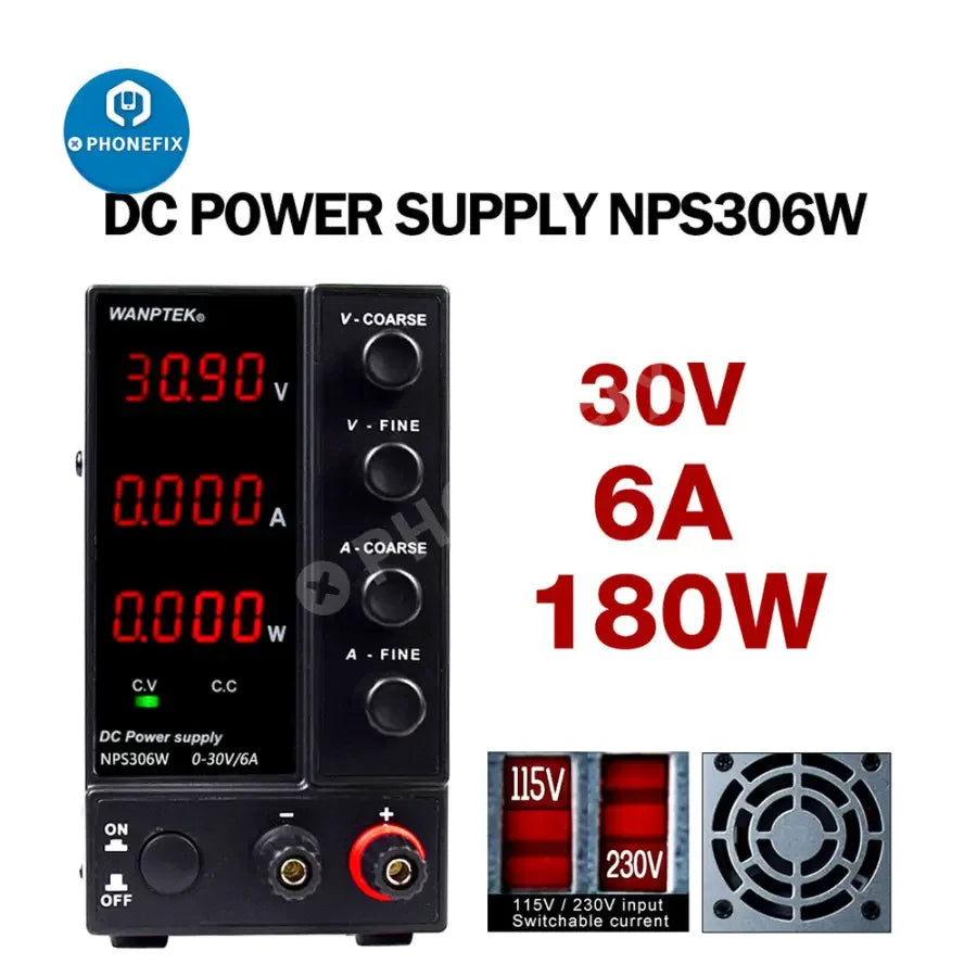 PHONEFIX regulated switching DC power supply with adjustable voltage source, compact design, and digital controls for precise power output.
