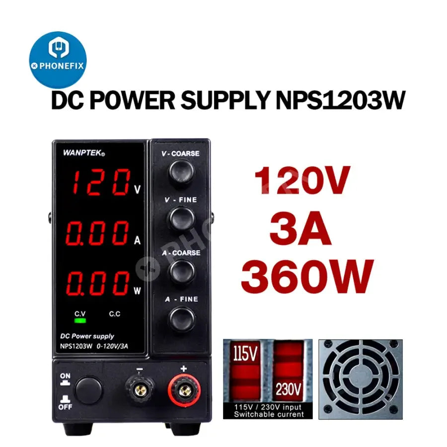 PhoneFix regulated switching DC power supply NPS1203W0 with adjustable voltage source for electronic testing and power applications.